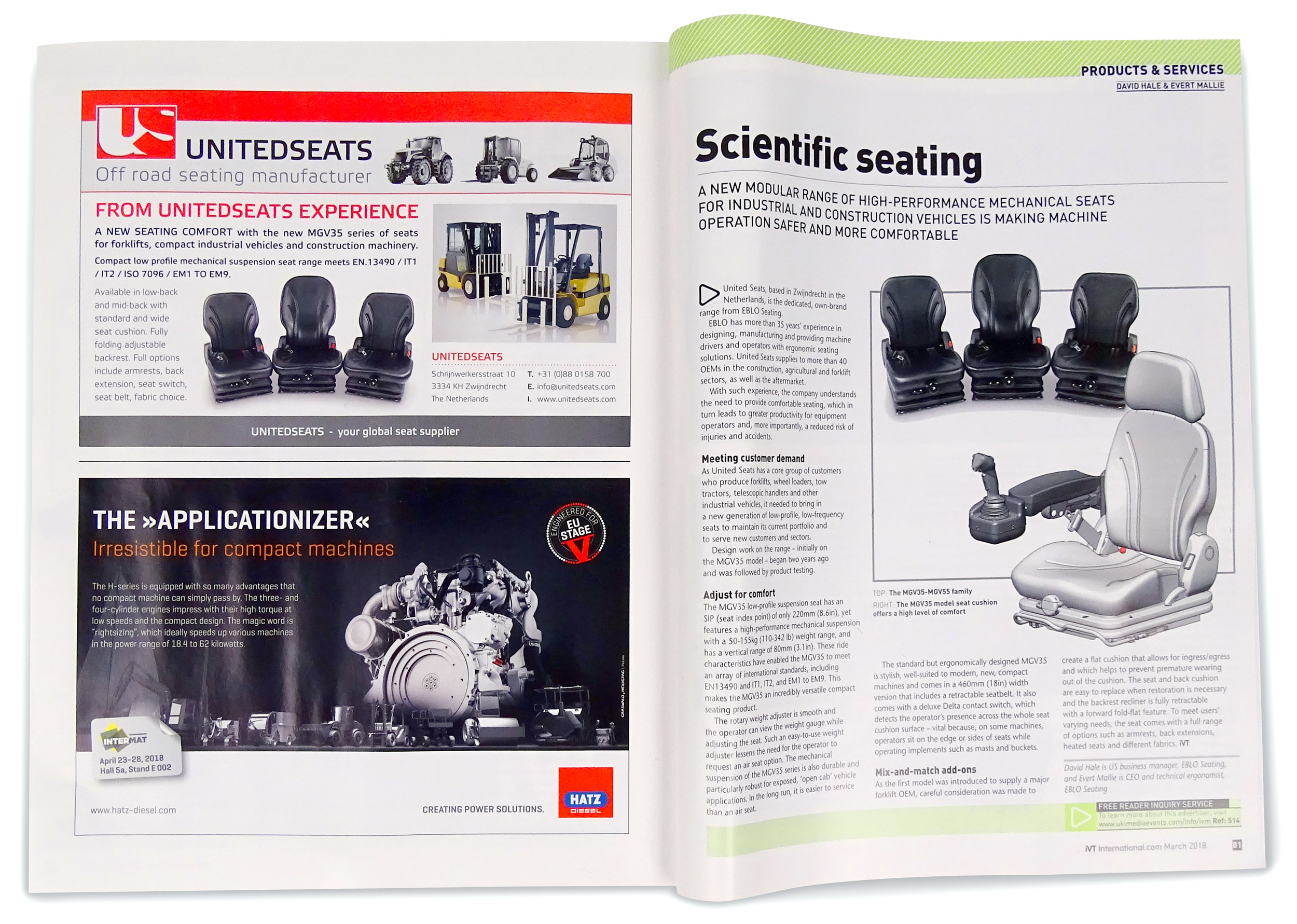 UnitedSeats MGV35 and MGV55 article and advert in IVT magazine