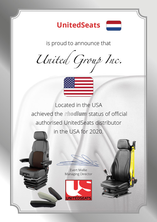 UnitedSeats dealer certificate-certificaat 2020 United Group Inc