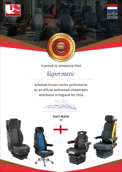 UnitedSeats dealer Vapormatic Achievement Certificate 2024