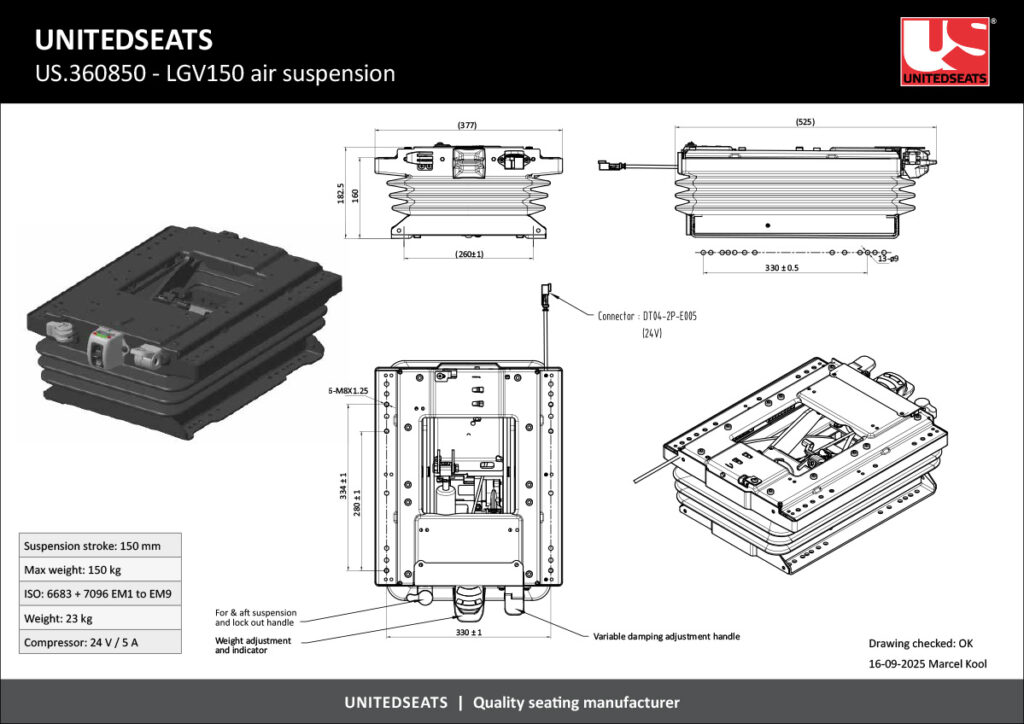 UnitedSeats US.360850 LGV150 air suspension drawing